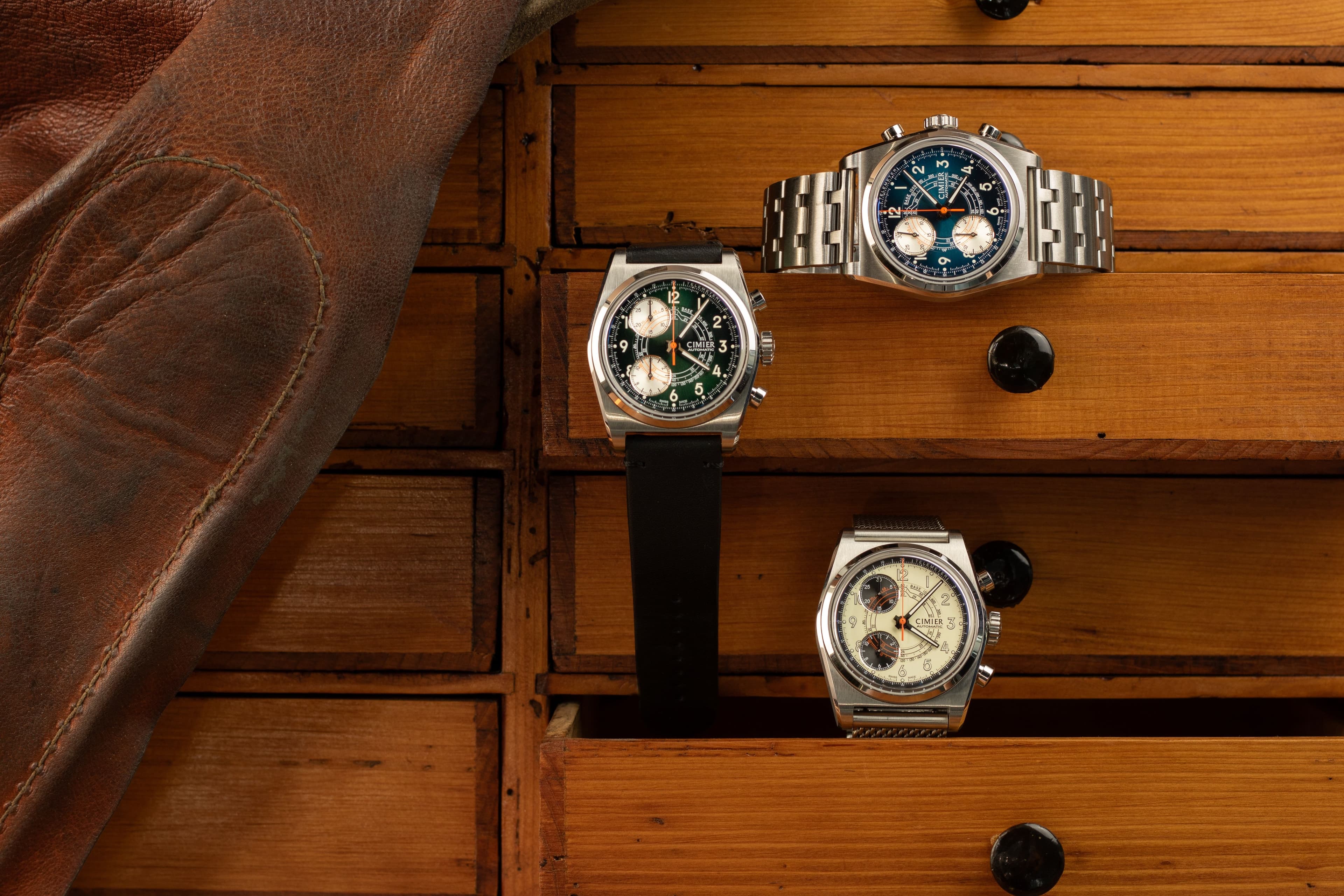 Cimier 711 Heritage Chronograph wristwatches with green, blue and white dials